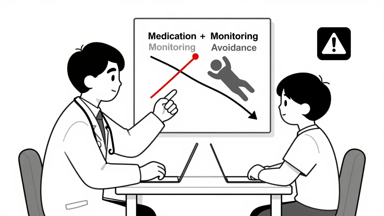 A doctor and teen examine a chart comparing treatment with monitoring versus avoidance, with a black box warning in the corner.