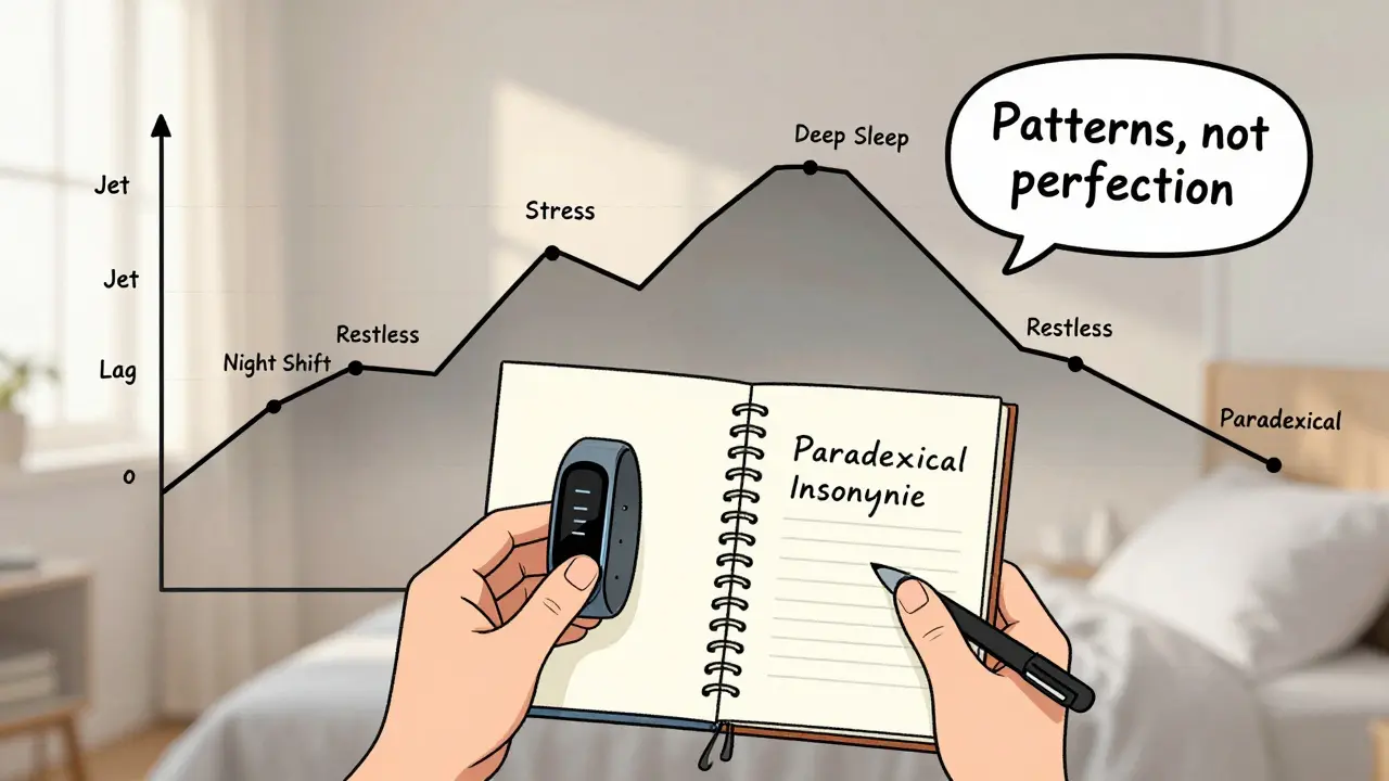 A person holding a sleep tracker and journal, with a weekly sleep pattern graph behind them showing sleep trends.