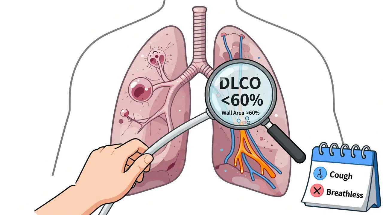 A person using a spirometer with transparent lung showing diagnostic markers for emphysema and chronic bronchitis.