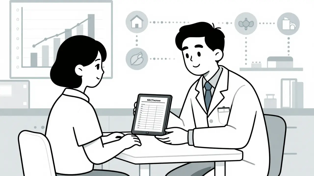 A pharmacist and patient in a clinic, discussing medication with visual links to housing, food, and transportation needs.