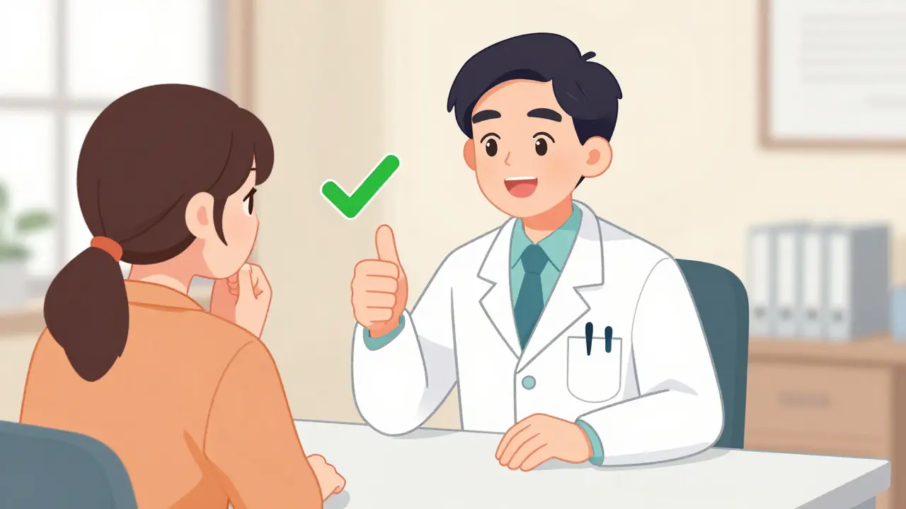 Doctor reassuring patient about antibiotics not affecting birth control.