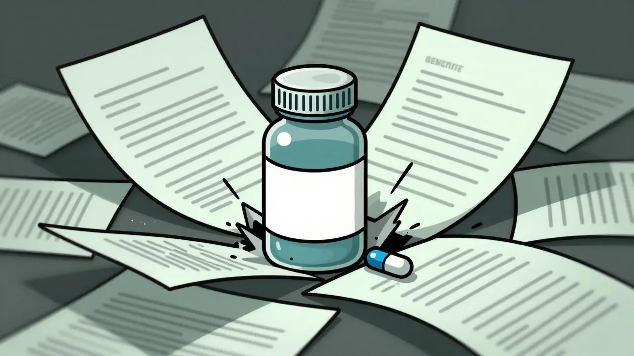Drug bottle surrounded by patent documents blocking biosimilars
