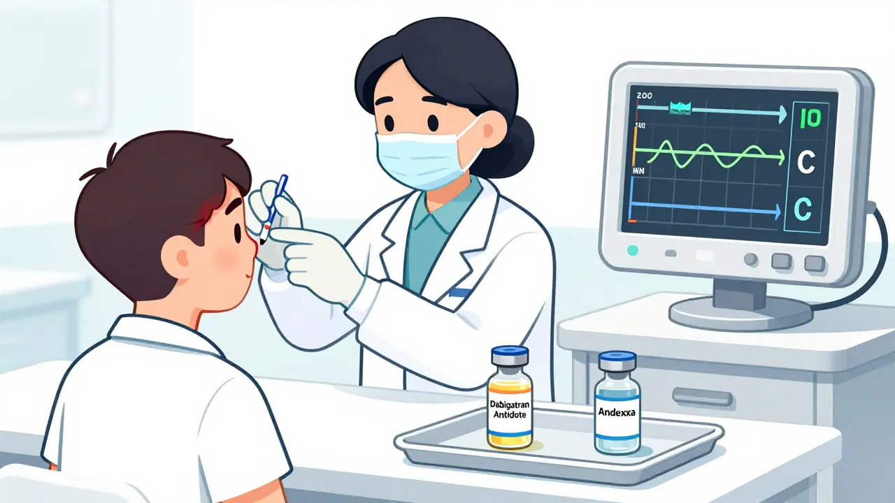 Emergency doctor administering antidote to a bleeding patient, with reversal agents visible.