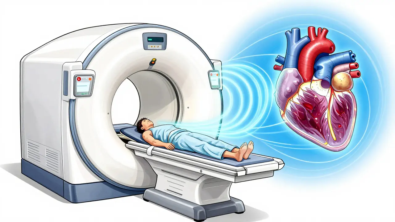Patient in MRI machine with detailed 3D heart scan showing scar tissue and magnetic field lines.