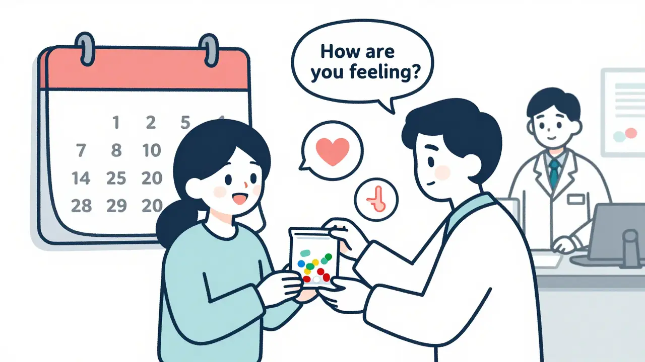 Patient picking up one bag of all synced medications with pharmacist asking about their well-being.