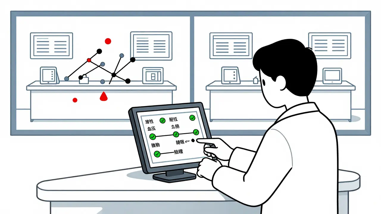 Pharmacist reviewing a complete medication timeline on a screen, with chaotic split-screen behind.