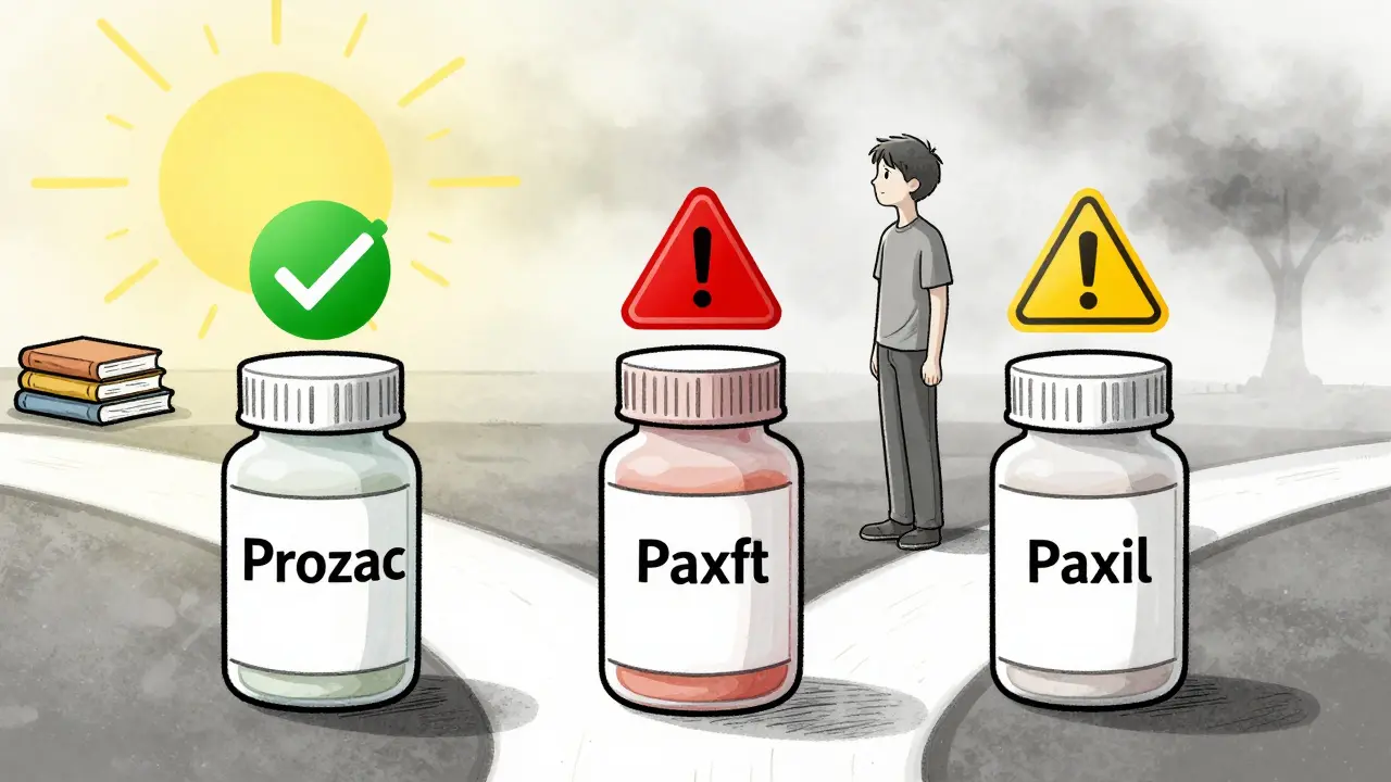 Three antidepressant bottles with different risk icons, a young person at a crossroads between a lit path and foggy uncertainty.