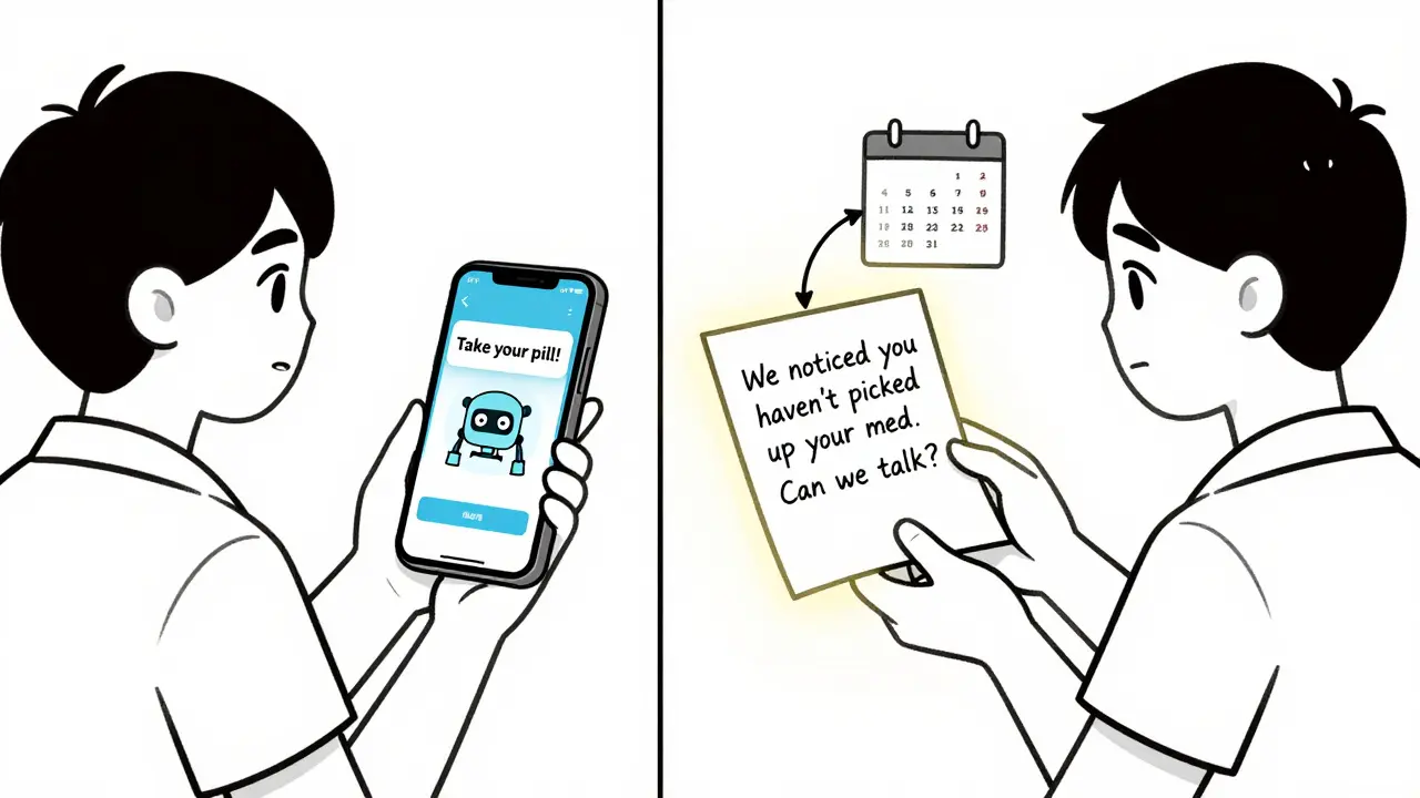 Two contrasting scenes: a cold app notification vs. a warm handwritten offer to talk about missed medication.