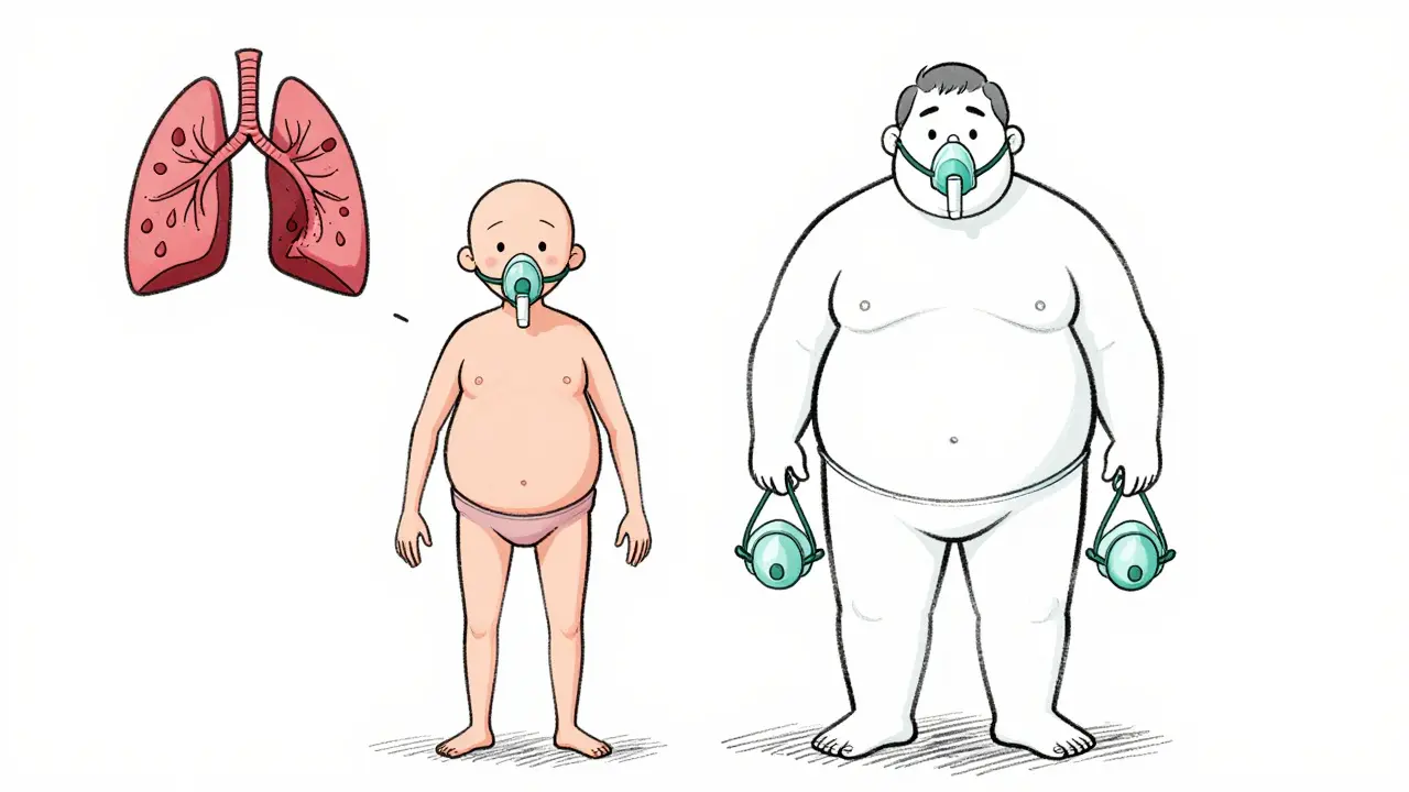 Two patients with COPD: one thin and breathless (pink puffer), one swollen and bluish (blue bloater), each with lung icons representing their condition.
