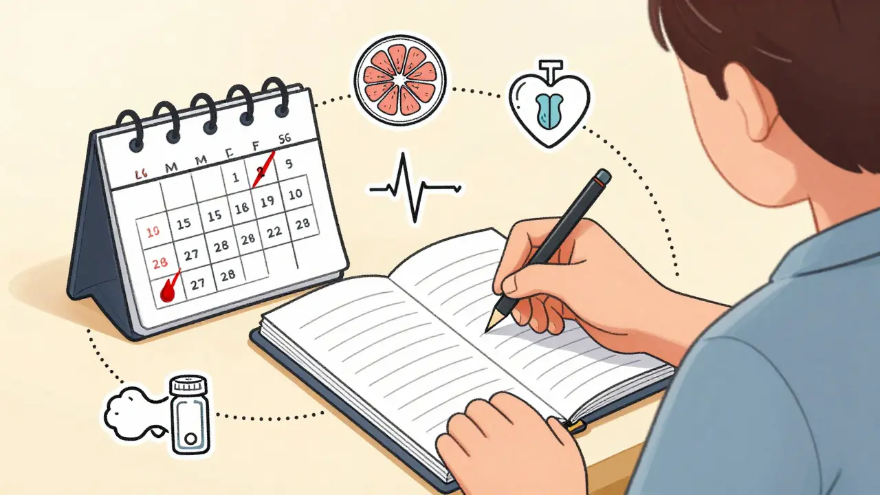 A patient tracking medication and lab dates in a logbook, surrounded by health-related icons in line art.