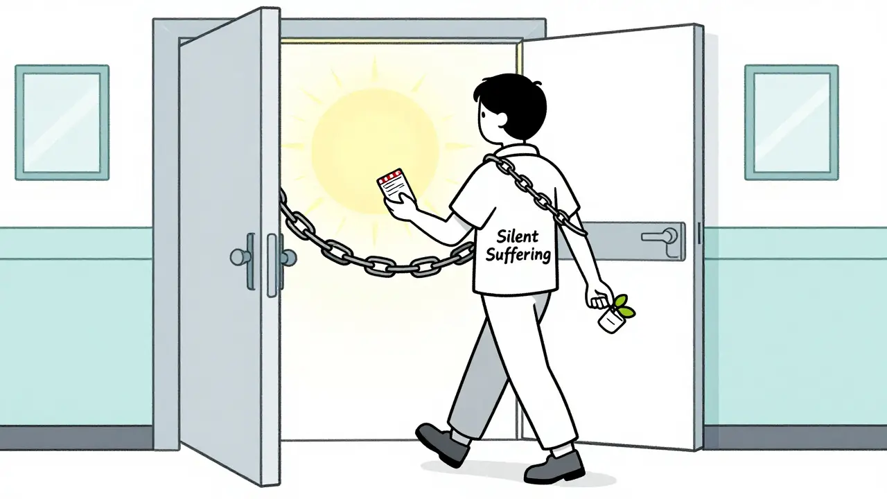 A person walking away from a clinic, leaving behind a heavy chain, holding a new prescription and a plant.