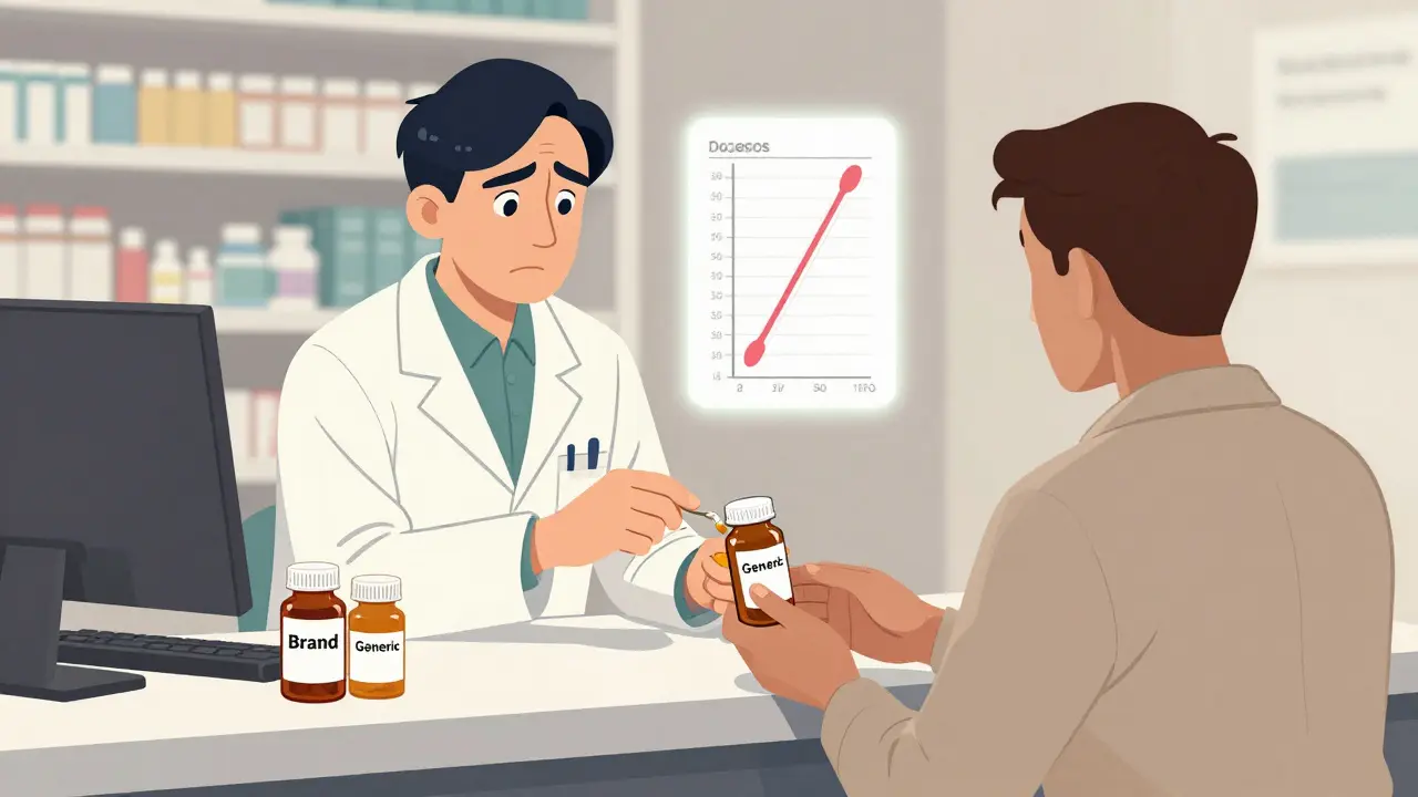 A pharmacist at a counter hesitating between two generic drug labels, with a blood test chart in the background.