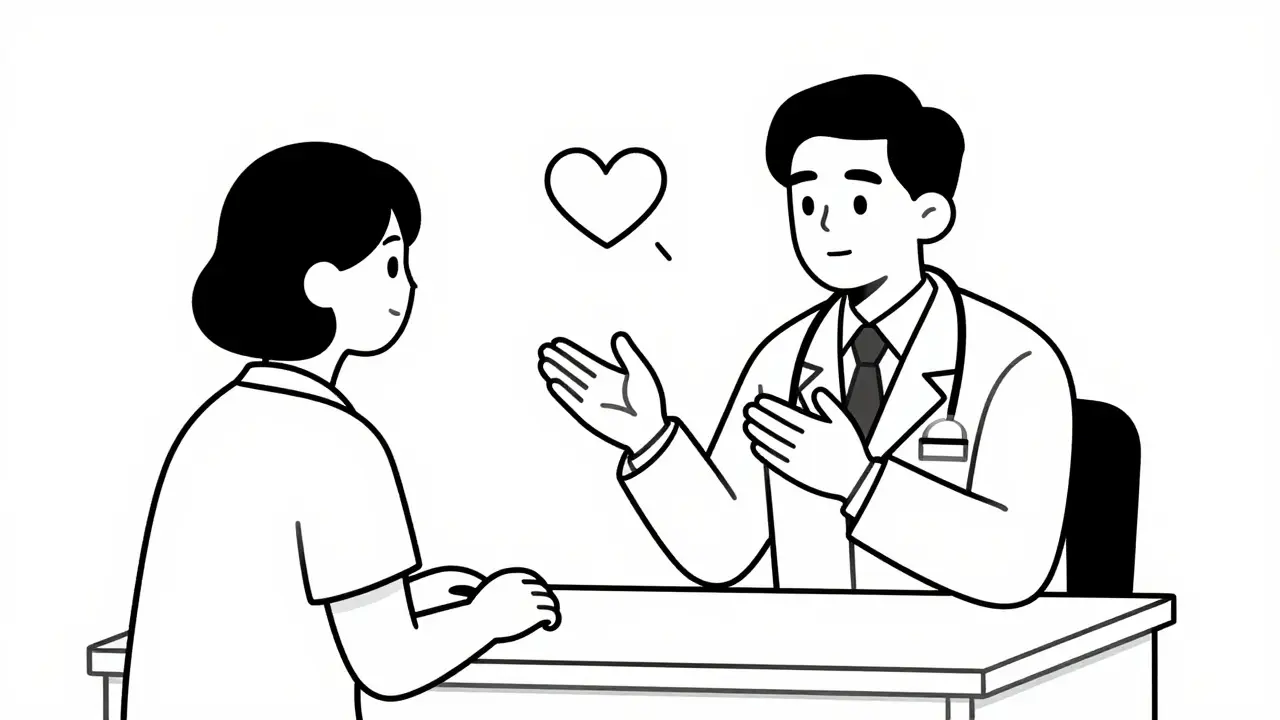 Doctor talking to a patient with a heart icon showing trust.