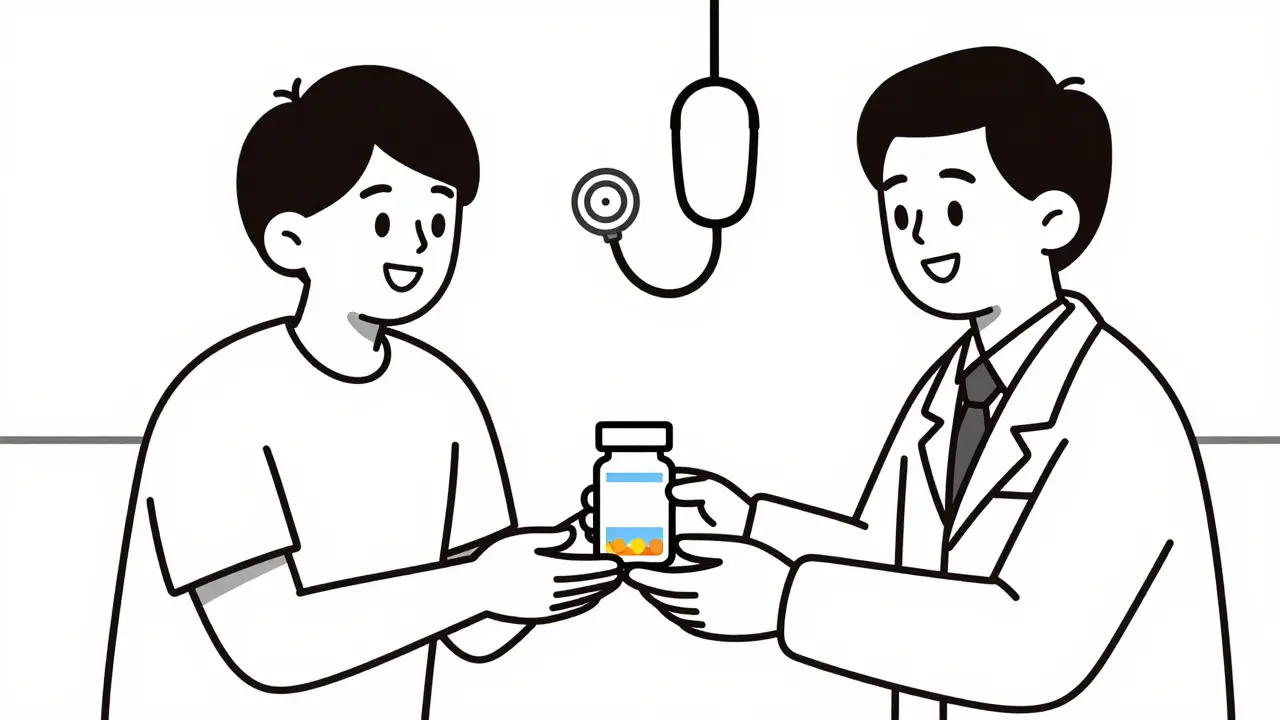 Happy patient handing medication bottles to caring doctor