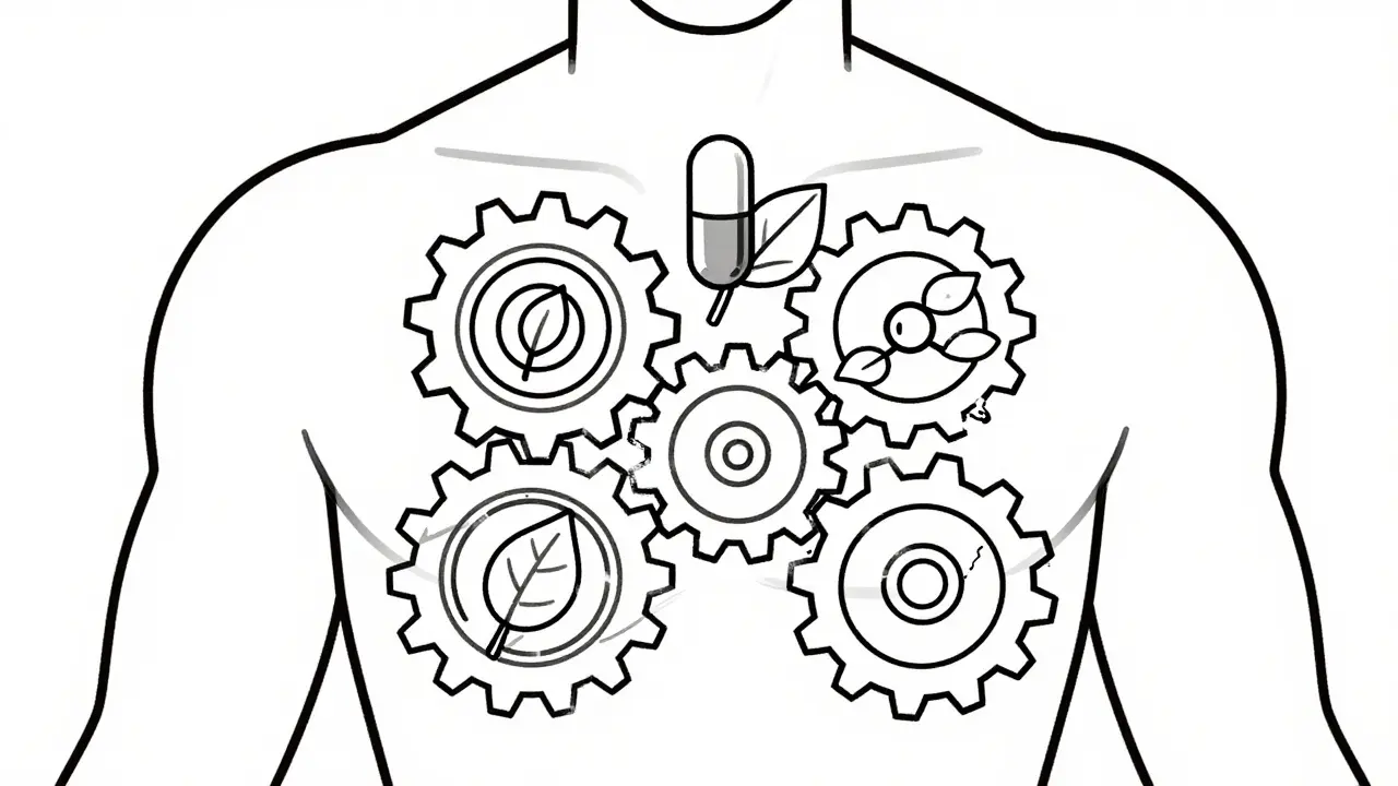 Human silhouette with gears showing medicine and herb interaction