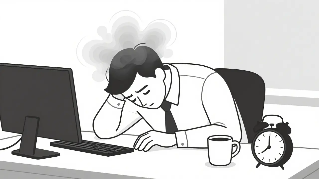 Illustrated office worker experiencing brain fog at desk