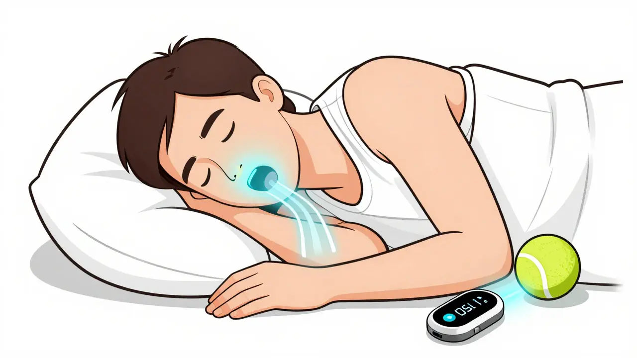 Person sleeping on side with open airway and positional therapy device gently vibrating