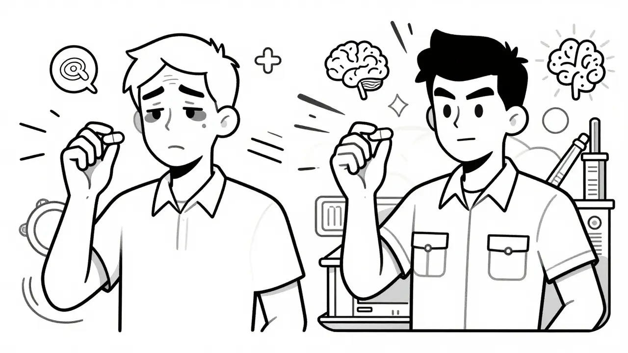 Side-by-side comparison: drowsy worker with first-gen pill vs. alert worker with second-gen pill.