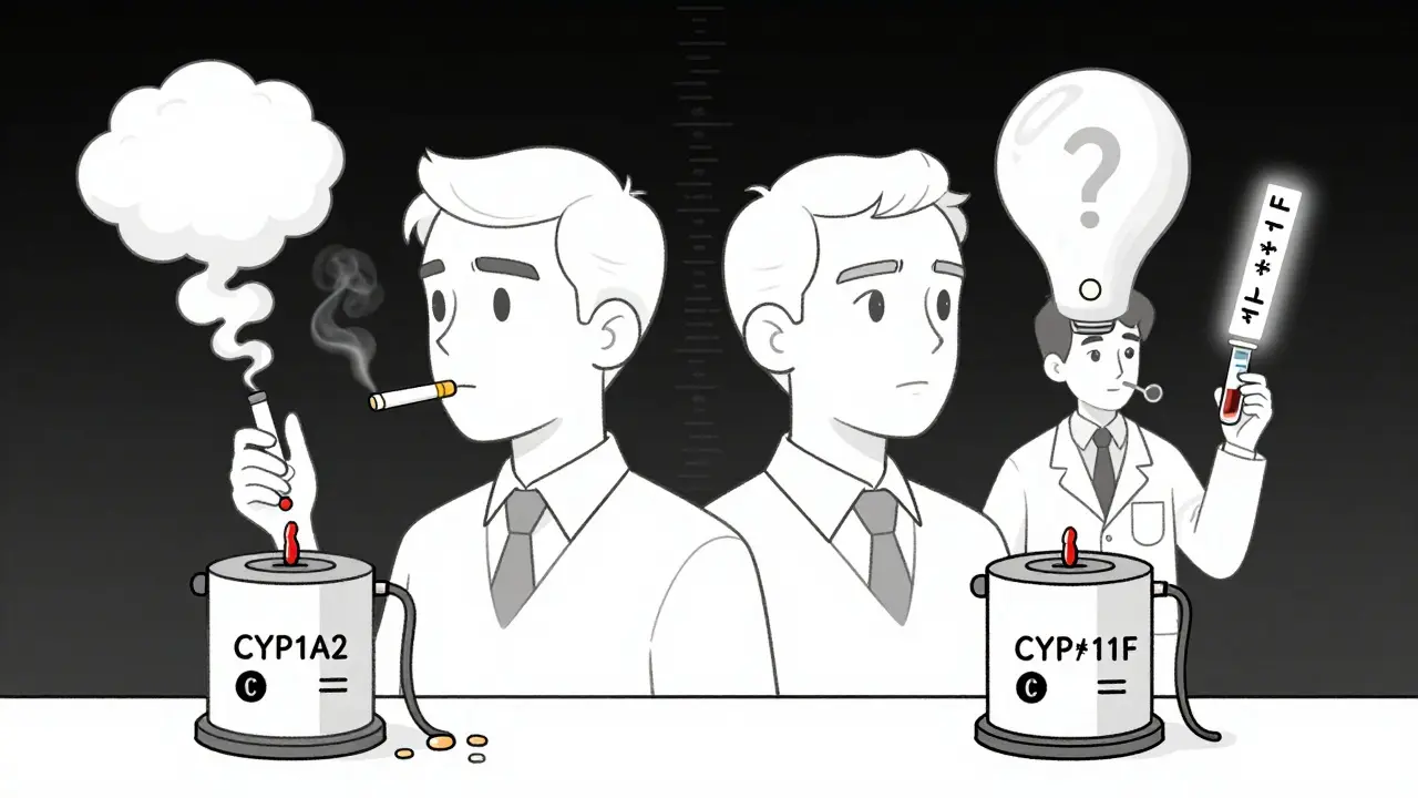 Split figure: one side smoking with low drug levels, other side smoke-free with toxic drug buildup.