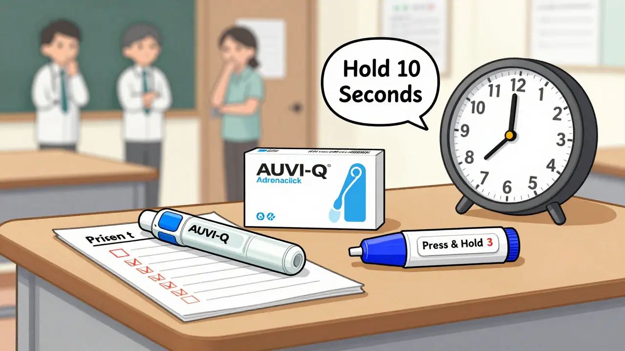 Three types of epinephrine injectors on a desk with a clock and conflicting instructions.