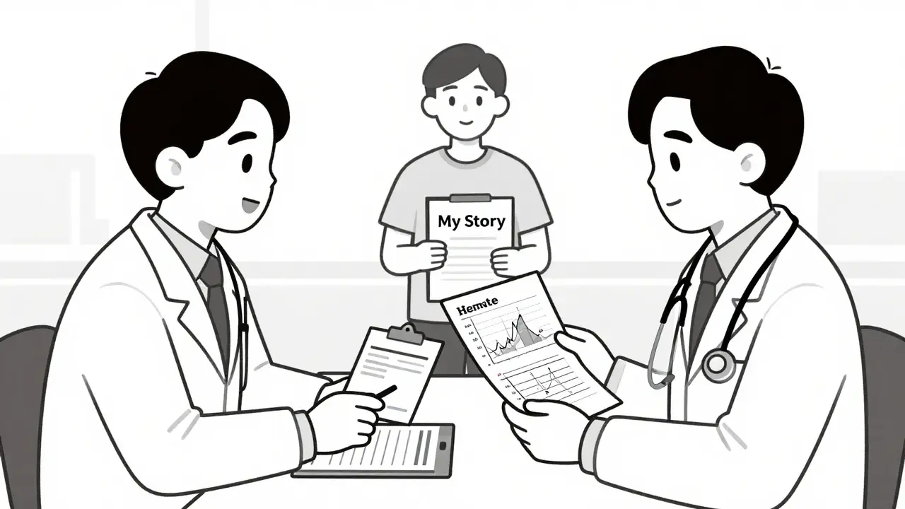 Two doctors reviewing a patient's detailed medical chart while the patient watches quietly.