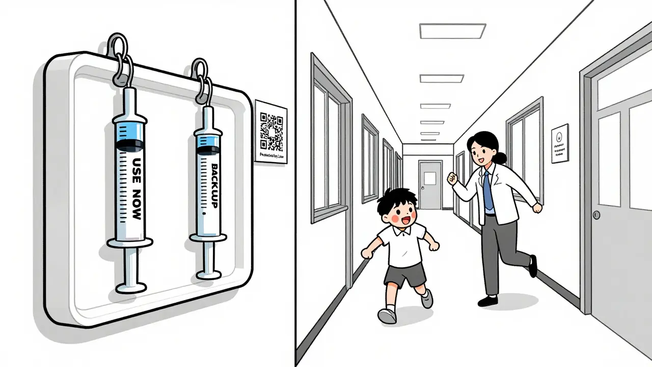 Two epinephrine injectors on a wall kit with a 'Protected by Law' sign, teacher running toward a symptomatic child.