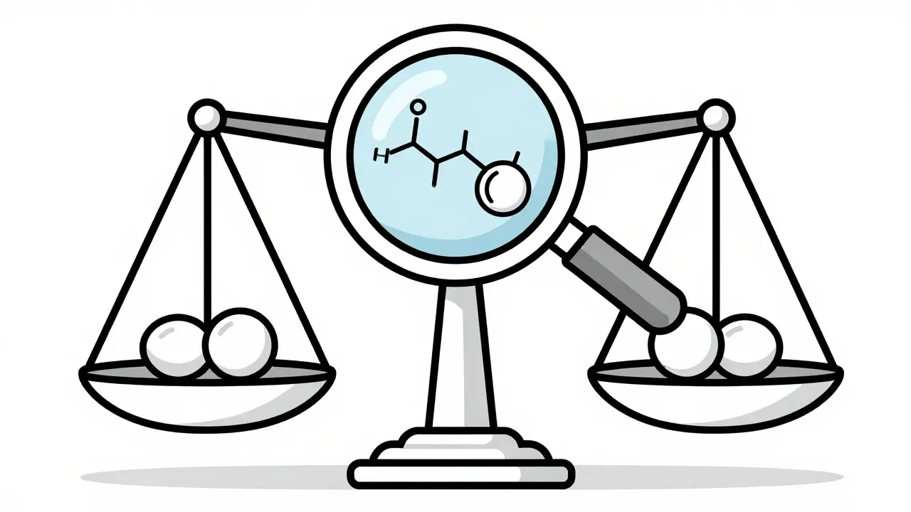 Two identical pills balanced on a scale under a magnifying glass.