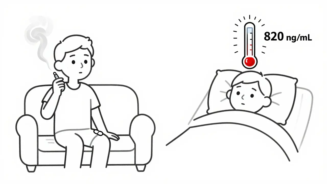 Two patients side by side: one smoking and stable, the other sedated after quitting smoking with dangerously high clozapine levels.
