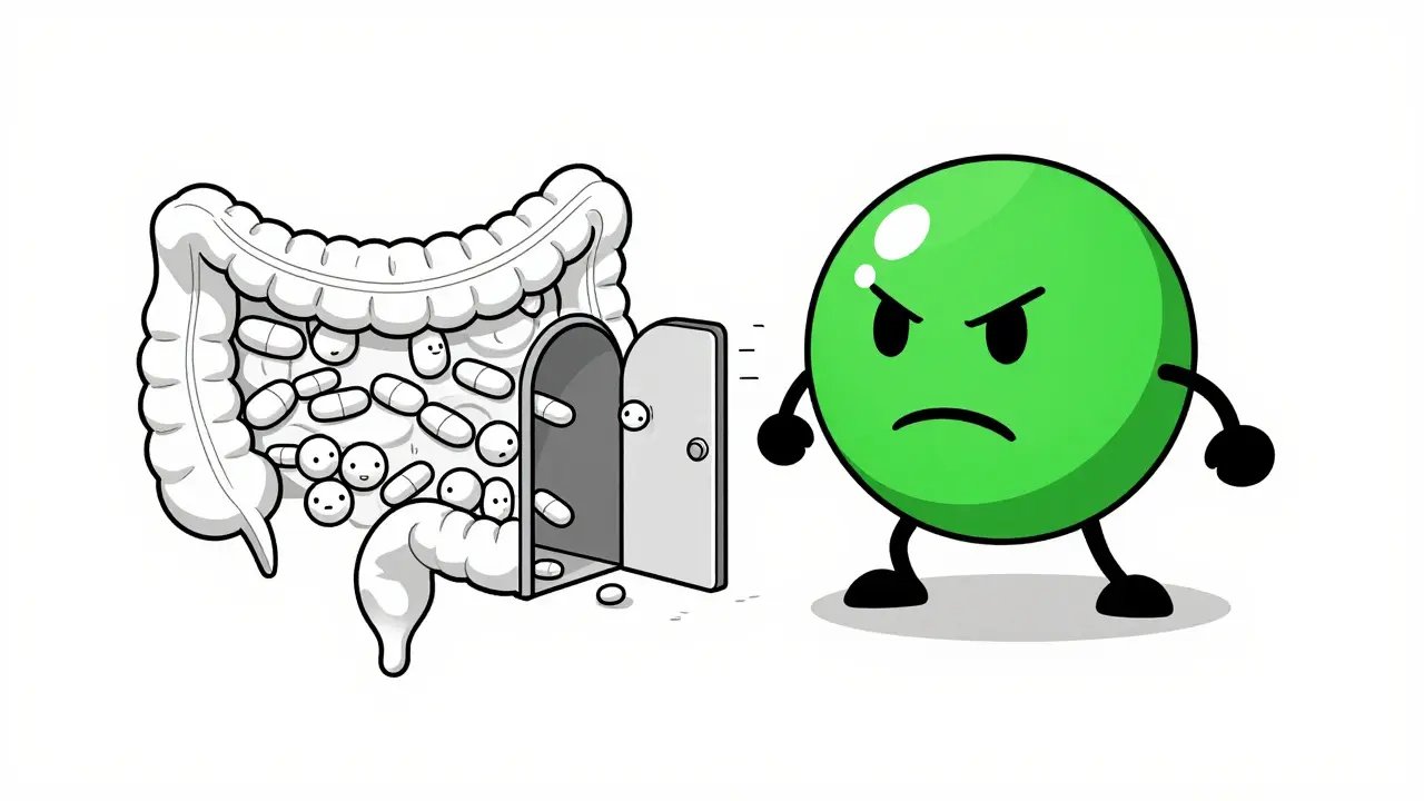 Cartoon illustration of EGCG molecules blocking medication from entering the bloodstream.