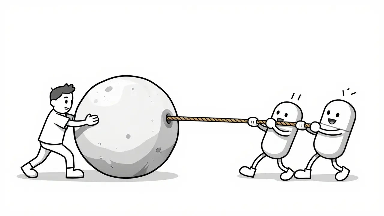 Cartoon line art showing synergy and antagonism through a tug-of-war metaphor.