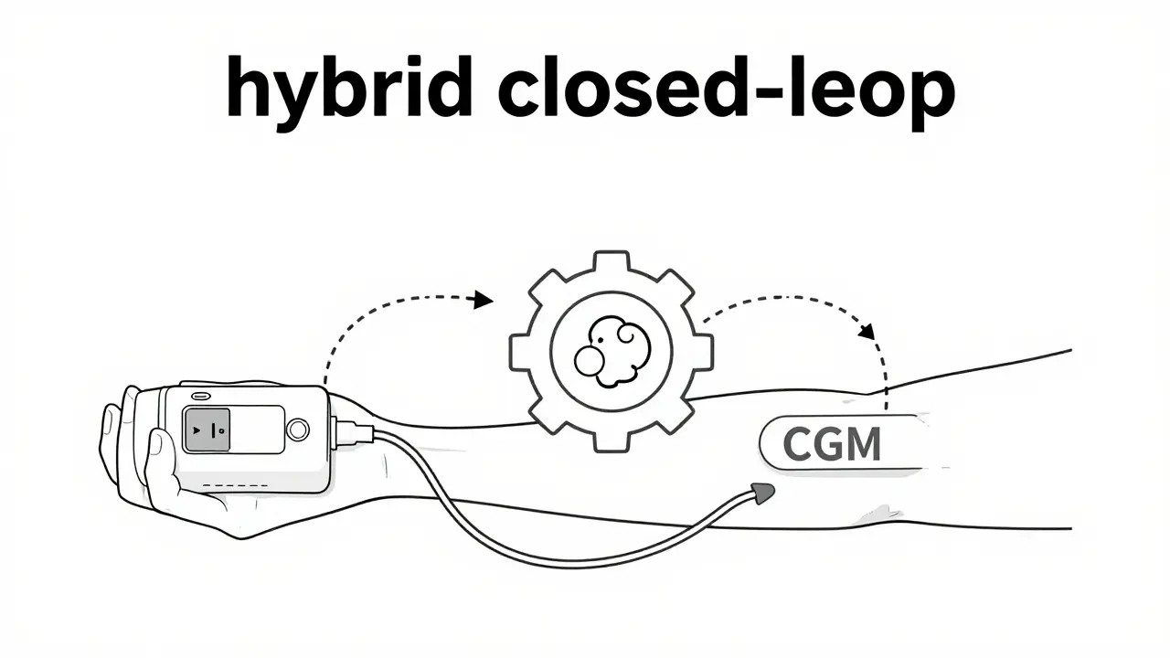 Diagram of a hybrid closed-loop system with a pump and CGM sensor.