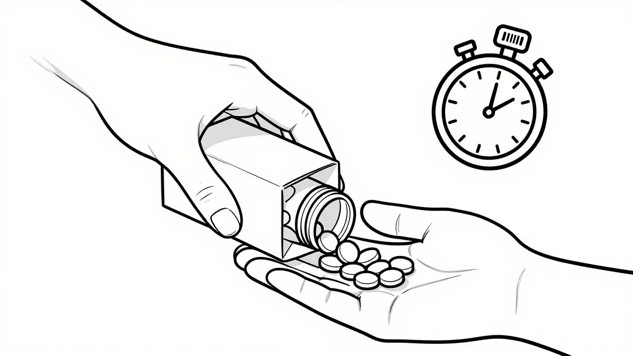 Hands counting white pills from an open medicine bottle on a counter