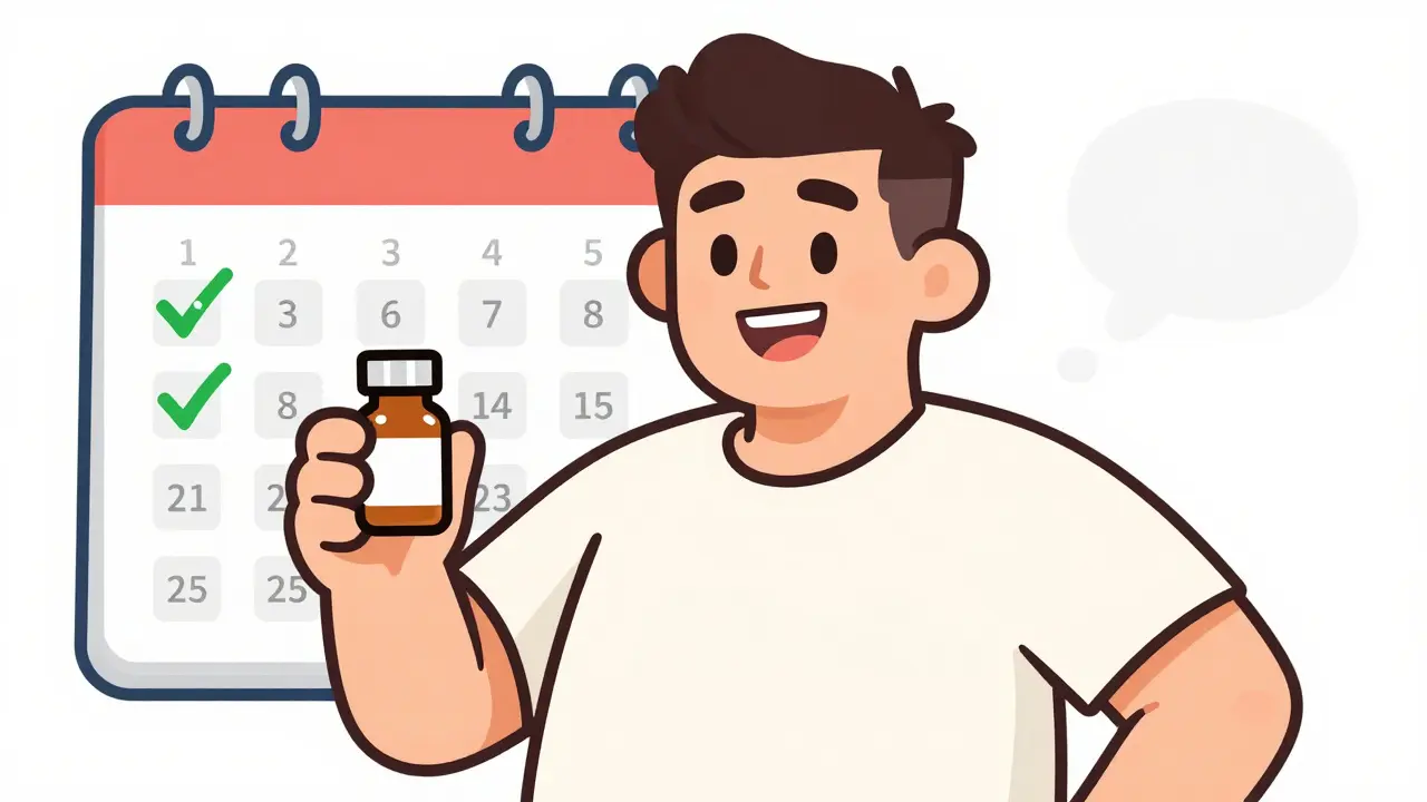Happy man with thicker hair holding a medication bottle next to a progress calendar