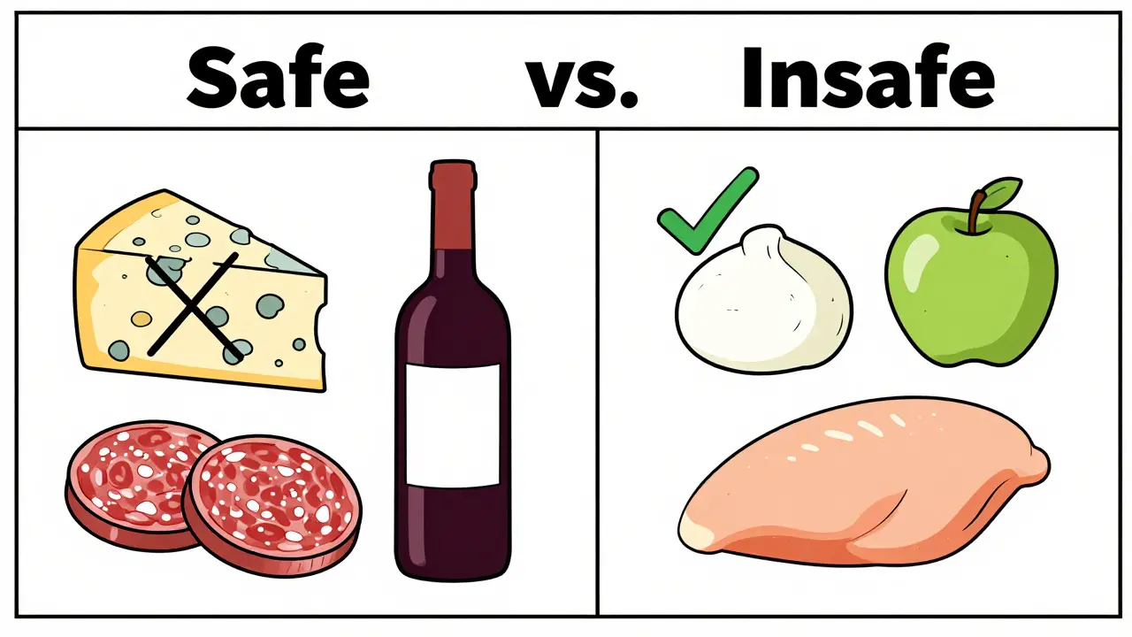 Line art comparison showing high-tyramine foods crossed out and fresh, safe food alternatives checked.