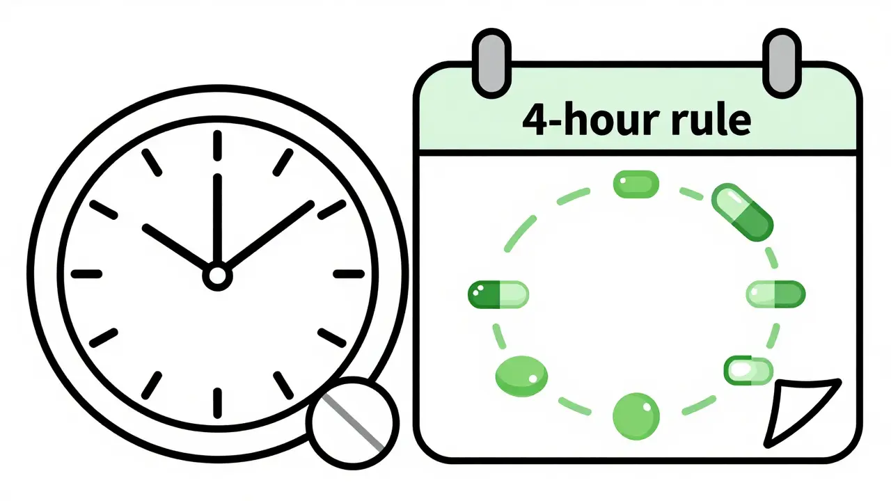 Line art diagram showing a 4-hour time gap between taking medication and green tea extracts.