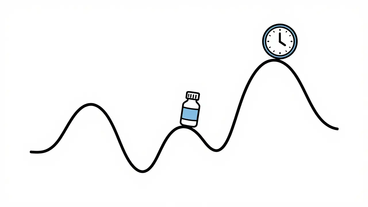 Line art diagram showing a wave representing medication levels with feeding and timing icons.