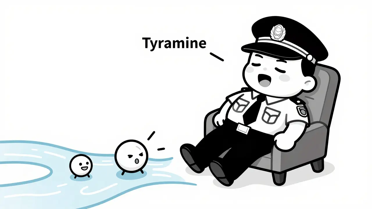 Line art illustration of a sleeping security guard letting tyramine particles pass into a bloodstream.