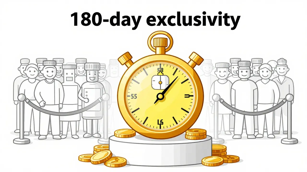 Line art of a generic drug on a podium with a golden stopwatch representing 180-day exclusivity.