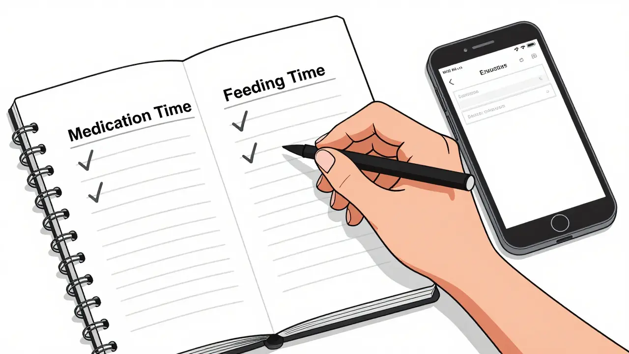 Line art of a mother logging medication and feeding times in a notebook for safety.