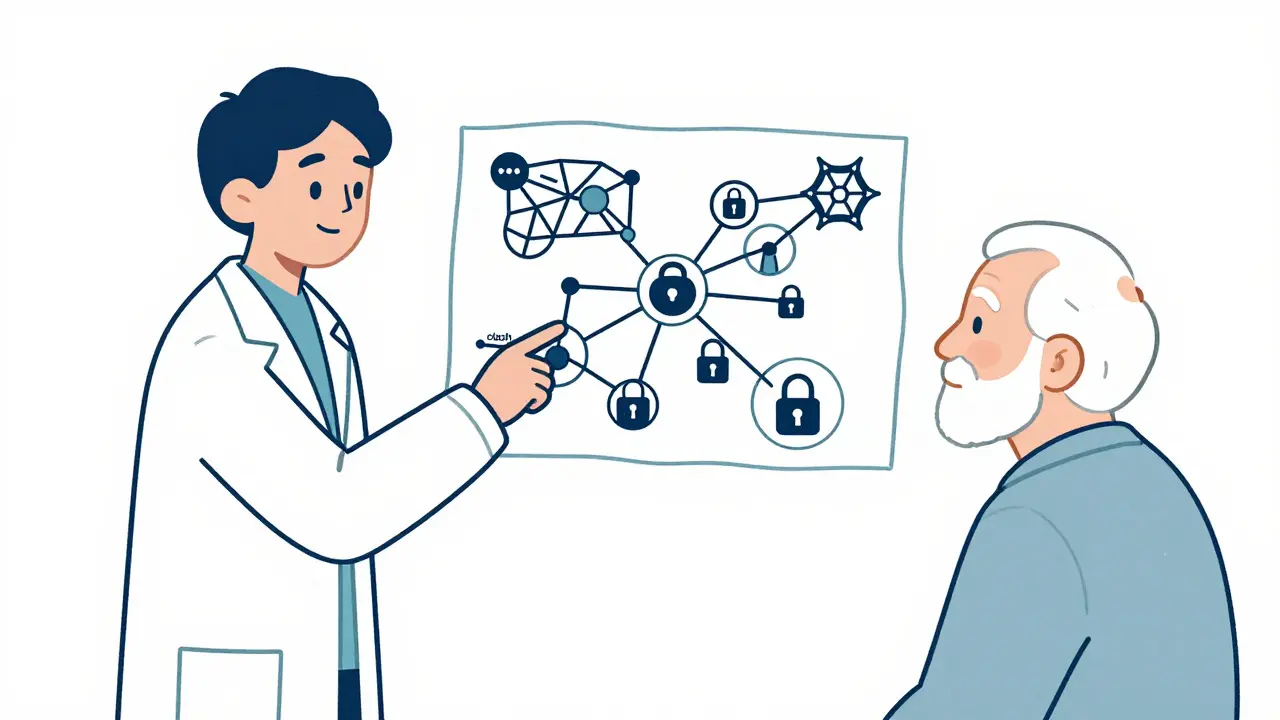 Line art of a pharmacist explaining drug pathways to an elderly patient.
