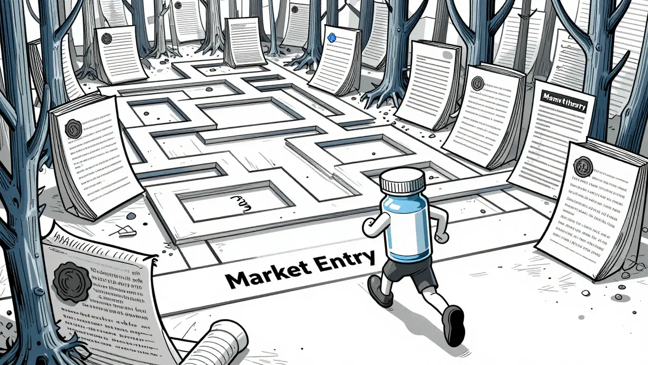 Line art showing a drug bottle navigating a thicket of legal patent documents to reach the market.