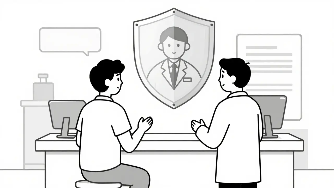 Patient and pharmacist sharing a nod for safe medication delivery