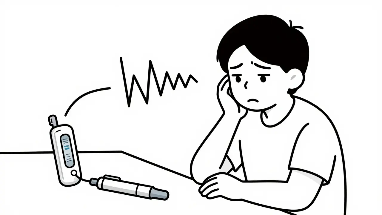 Person experiencing pump alarm fatigue with a backup insulin pen nearby.