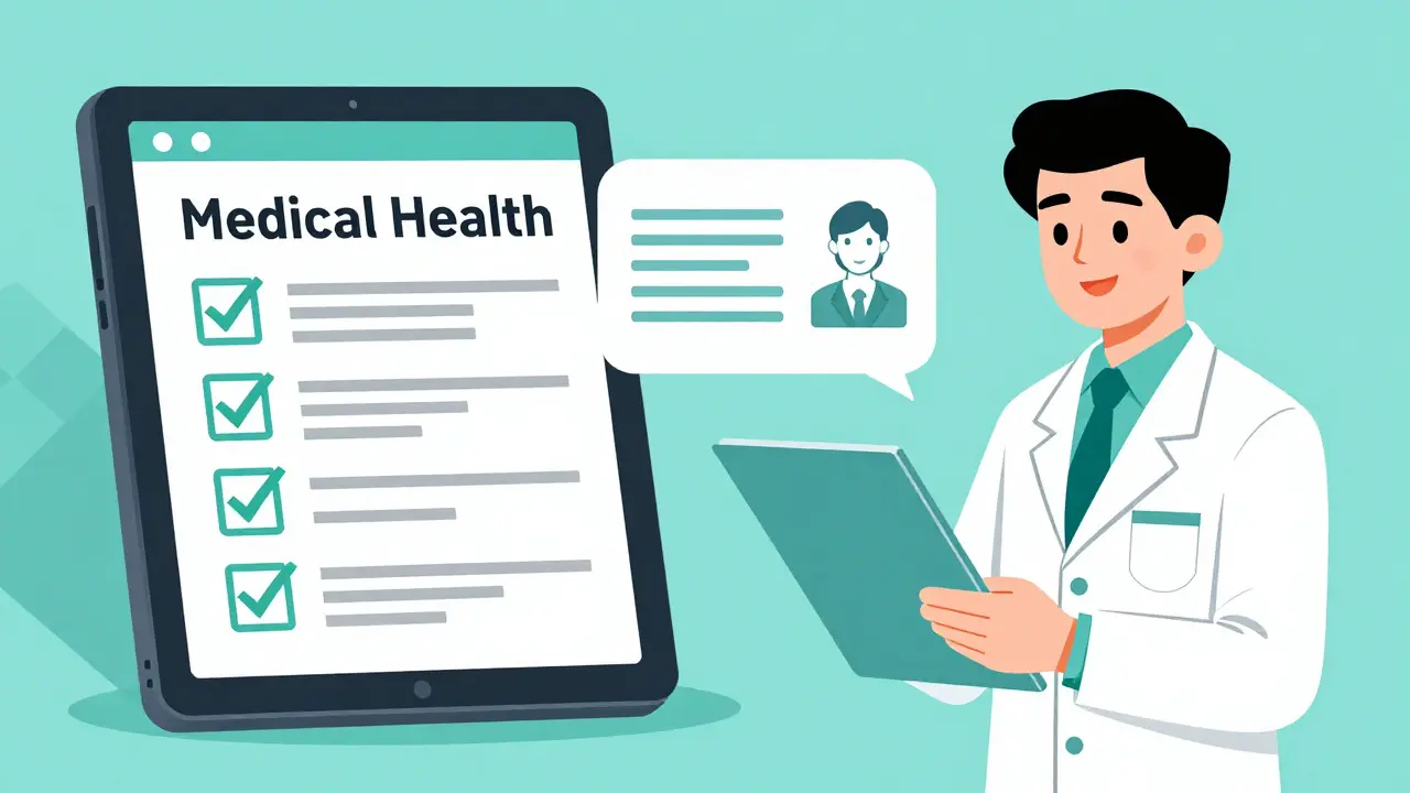 Telehealth process showing a medical questionnaire and a doctor reviewing data